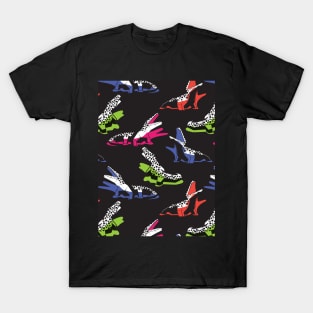 Neon geo crocodiles // pattern // black background black and white geometric animals green fuchsia pink blue and orange shadows T-Shirt